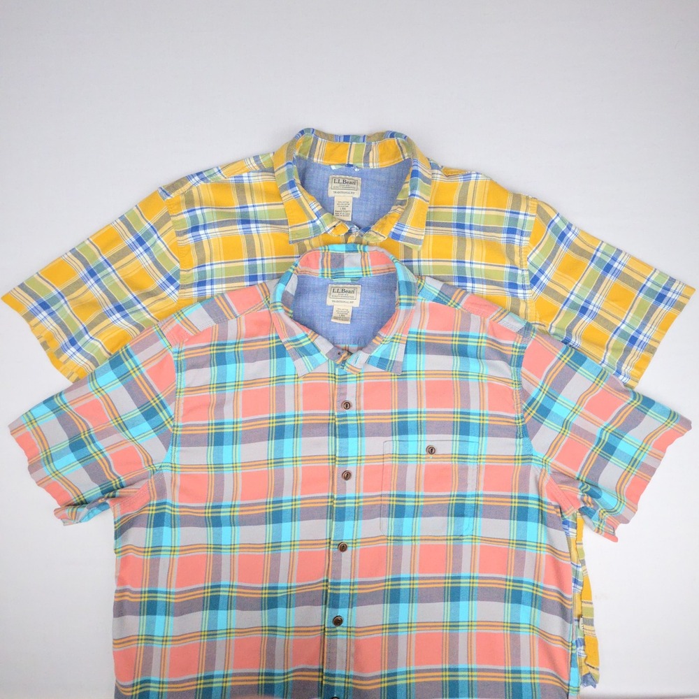 Lot of 2 LL Bean Short Sleeve Flannel Shirts Mens Large Traditional Fit Plaid